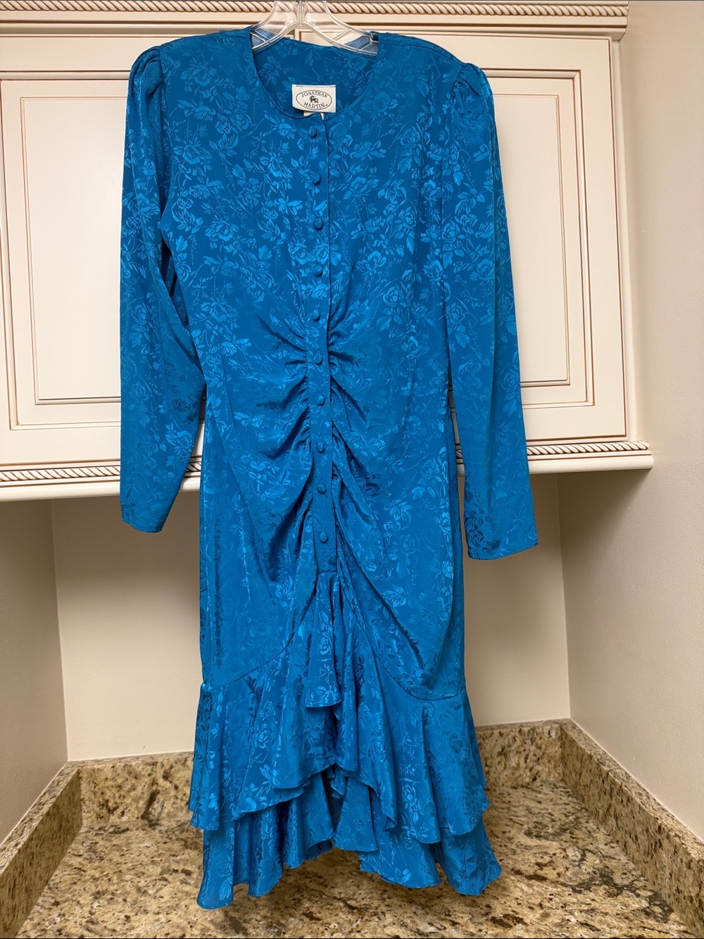 Vintage Blue Floral Ruched Button-Front Jacquard Dress